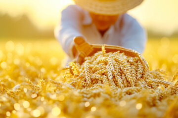 A dedicated worker gathers ripe wheat in the golden embrace of evening light, showcasing the art of manual harvesting amid a sea of shimmering stalks gently swaying in the breeze
