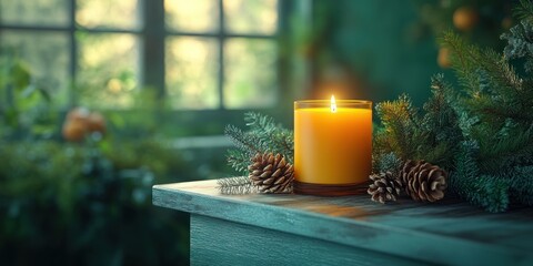 Minimalist Cozy Candle Scene with Pine Cones and Evergreen on Wooden Shelf Bathed in Warm Sunlight