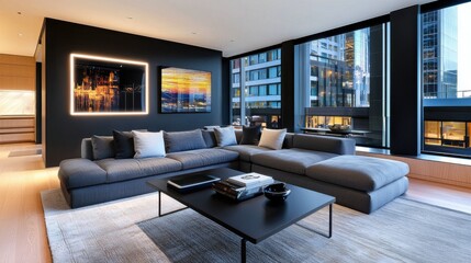Scandinavian high tech living room, matte black walls, plush gray sectional, interactive LED panels, floating coffee table, digital abstract artwork