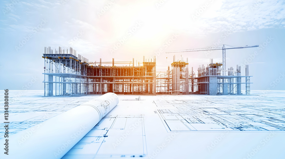 Poster unbuilt steel frame structure on architectural blueprints under cloudy sky