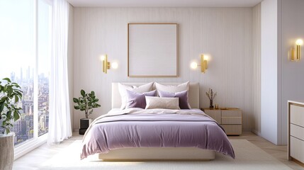 Fototapeta premium Scandinavian Hollywood glam bedroom, champagne hued walls, plush bed, silky lilac bedding, designer pillows, golden sconces, layered sheer curtains