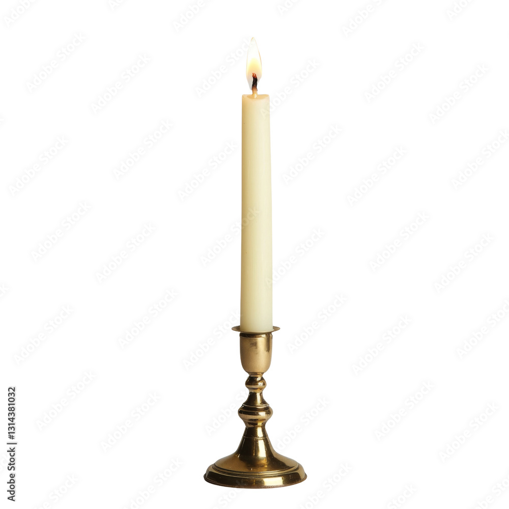 Poster lit candle in brass holder, creating warm and inviting atmosphere. perfect for dining or relaxation,