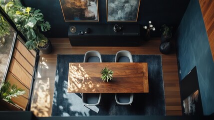 Modern dining room interior, top view,  cozy, sunlight