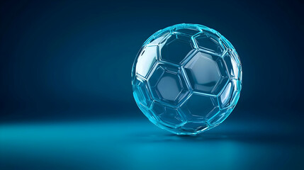 Naklejka premium Translucent Blue Water Soccer Ball On A Reflective Surface With Dark Blue Backdrop