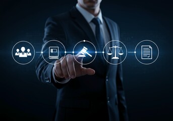 Businessman interacting with digital legal icons on a futuristic interface.