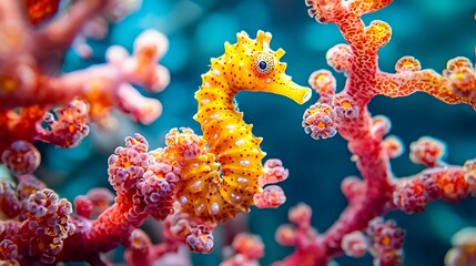 Tiny, vibrant seahorse nestled amidst coral
