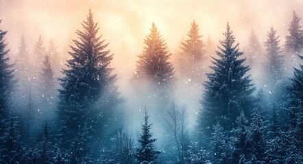 Fototapeta premium Serene Winter Forest with Snow-Covered Pine Trees in Ethereal Dreamy Style