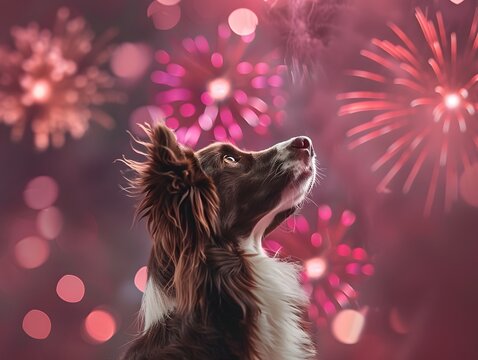 Curious Border Collie Watching Colorful Fireworks at Night
