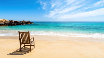 Obraz premium Happy summer beach fun and lifestyle. A wooden chair on a sandy beach with clear blue water and a bright sky.