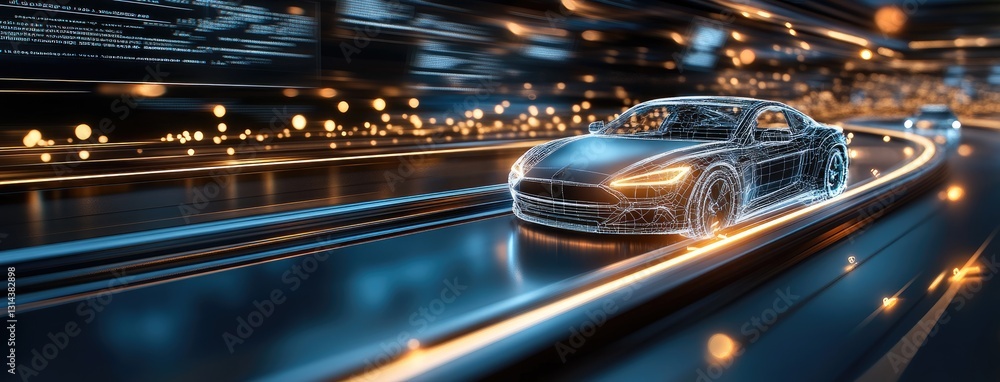 Poster robotic arms assemble holographic car models while data streams display real-time quality metrics in