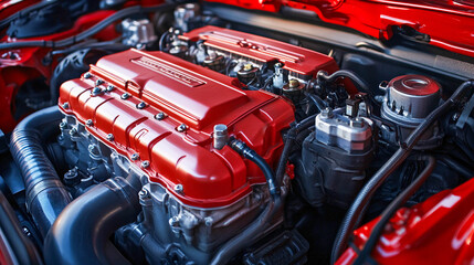Fototapeta premium A close-up of a car engine, distinguished by its red valve caps.