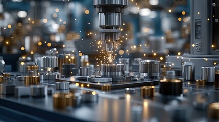 A close-up of laser cutting metal, showcasing sparks and vibrant light effects during a precision manufacturing process