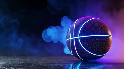 Futuristic basketball glowing with neon lines resting on reflective surface, enveloped by wispy smoke, generating dramatic visual atmosphere sport background video 4k