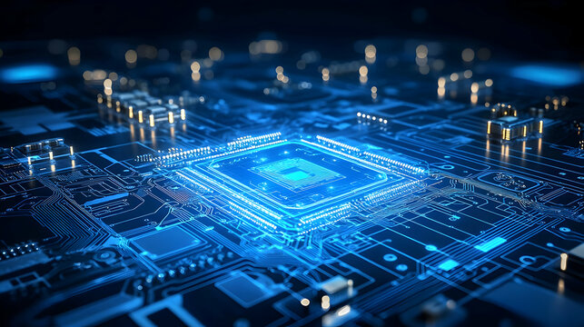 Detailed Blue Motherboard Microchip with Intricate Circuits and Glowing Fiber Optic Cables in Close Up Perspective