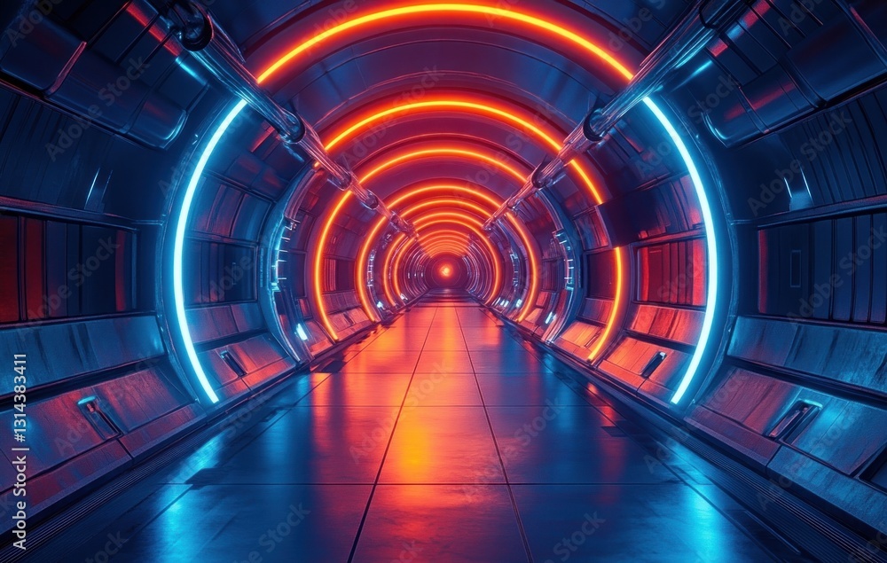 Poster futuristic cyberpunk hallway with glowing platform for product showcase