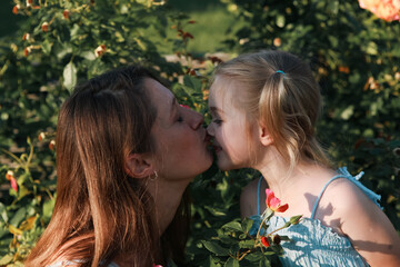 A mother and her young daughter share a loving kiss amidst vibrant rose bushes on a sunny day....