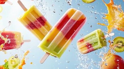 Multilayered Fruit Popsicles Amid Splashing Juices