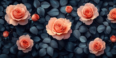 Seamless Floral Pattern of Pink and Red Roses with Green Foliage on Dark Background in Victorian Style