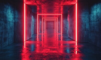 Naklejka premium Futuristic Cyberpunk Interior with Neon Lights and Reflective Floors