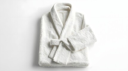 Soft Plush and Cozy White Bathrobe Neatly Folded on Clean Minimalist White Background for Spa Wellness and Relaxation Concept