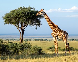 Obraz premium A Tall Giraffe Stands Grazing Near A Green Tree