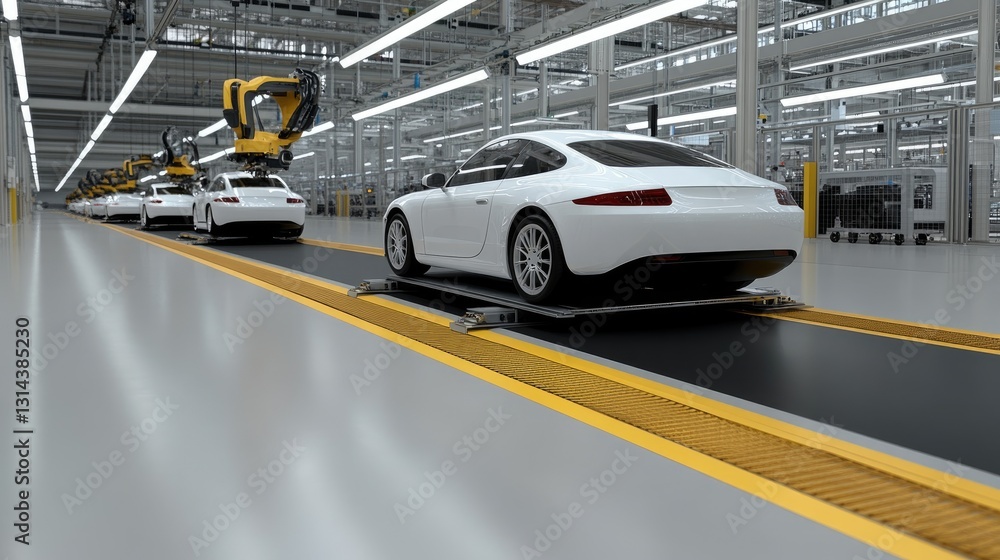 Poster advanced robotic technology works efficiently to assemble car parts on the production line in a stat