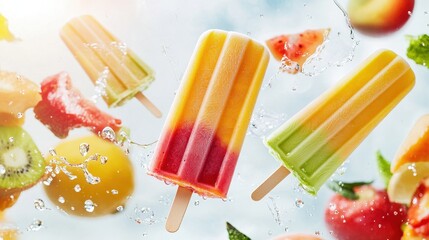 Colorful Popsicles With Splashing Fruits Around Them