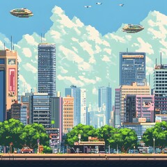 Retro 8 Bit Pixelated City Skyline with Floating Platforms and Nostalgic Arcade Aesthetics