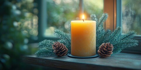 Christmas Candlelight Minimalist Still Life with Yellow Candle Pine Cones Evergreen on Wooden Shelf