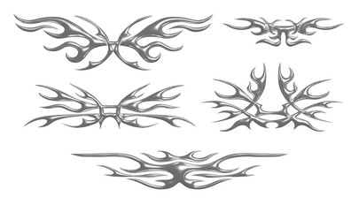 Halftone Neo-tribal shapes set. Abstract ethnic shapes in gothic style. Hand drawn modern 3d chrome elements for typography, poster, cover. Raster illustration. Metal color on transparent background