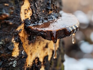 Fototapeta premium Amber Tears, Resin Drops on a Weathered Tree Trunk Close-up