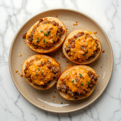 Fototapeta premium Top view, nice beige plate with 4 philly cheesesteak sandwiches with orange cheddar sauce, caramelized onions, no bell peppers on white background