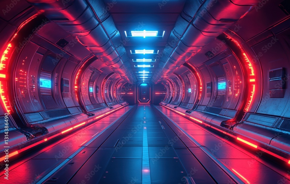 Poster futuristic abstract pedestal platform for product showcase in sci-fi room with neon lights