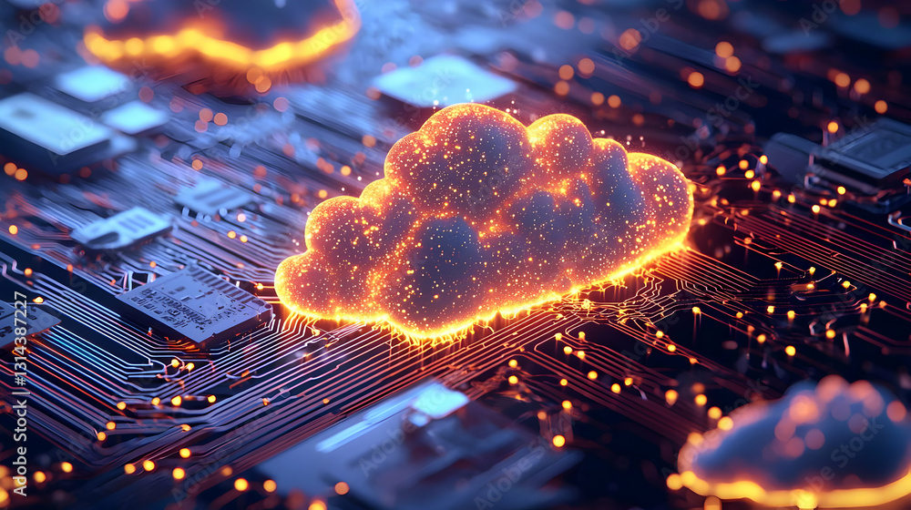 Aufkleber glowing orange particle cloud above a dark circuit board with colorful lights in a modern technologi