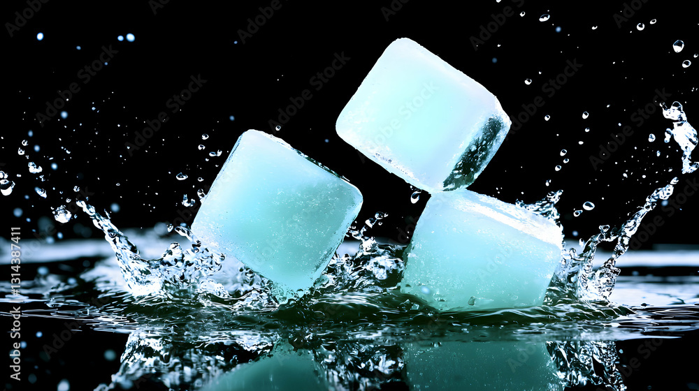 Poster three ice cubes splashing into clear water creating a splash