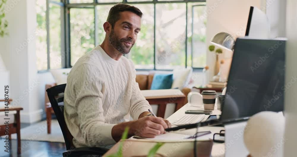 Poster computer, remote work and writing with man in home office for thinking or startup business. administ