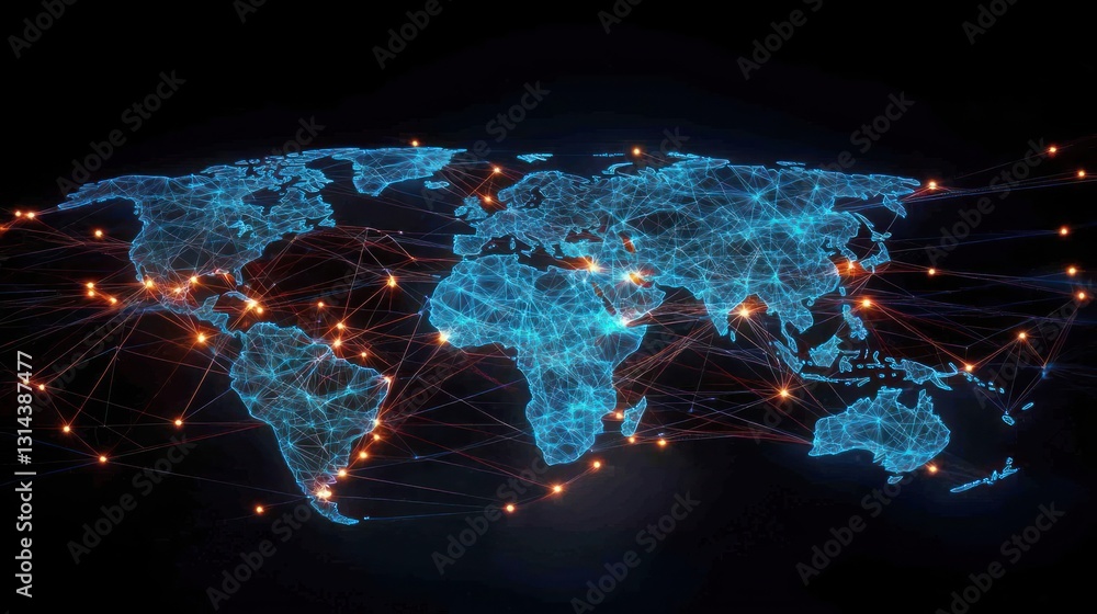 Poster abstract blue and orange illuminated world map representing global data networks on dark background