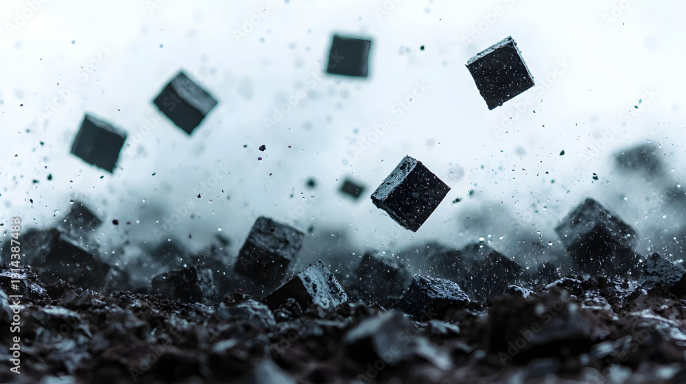 Poster dark cubes exploding above earth creating dynamic artistic photography