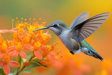 Fototapeta premium hummingbird feeding on orange flowers in tropical rainforest