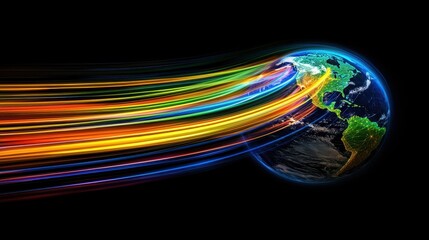 Visualization of global data transfer with a glowing 3D Earth and pulsating neon lines, symbolizing the flow of information across the globe.