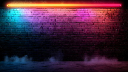 Empty Dark Brick Wall Background With Colorful Neon Light And Smoke Illuminated Urban Grunge Texture Backdrop