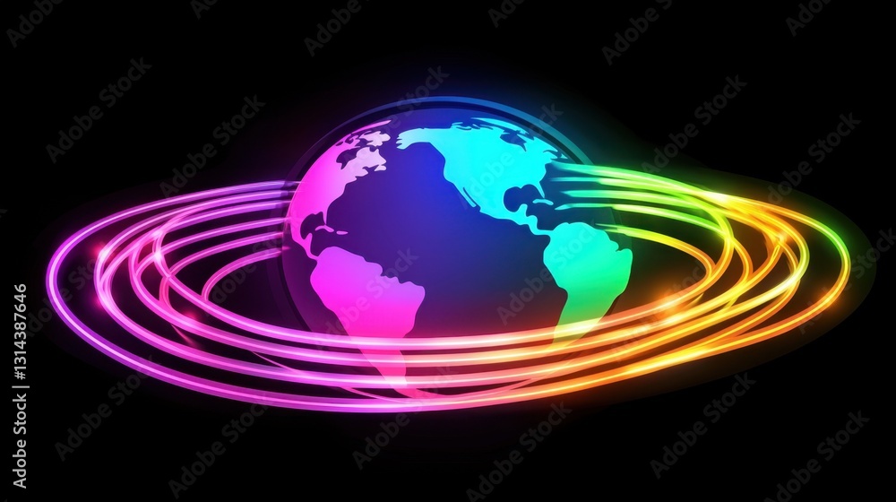 Poster visualization of global data transfer with a glowing 3d earth and pulsating neon lines, symbolizing 
