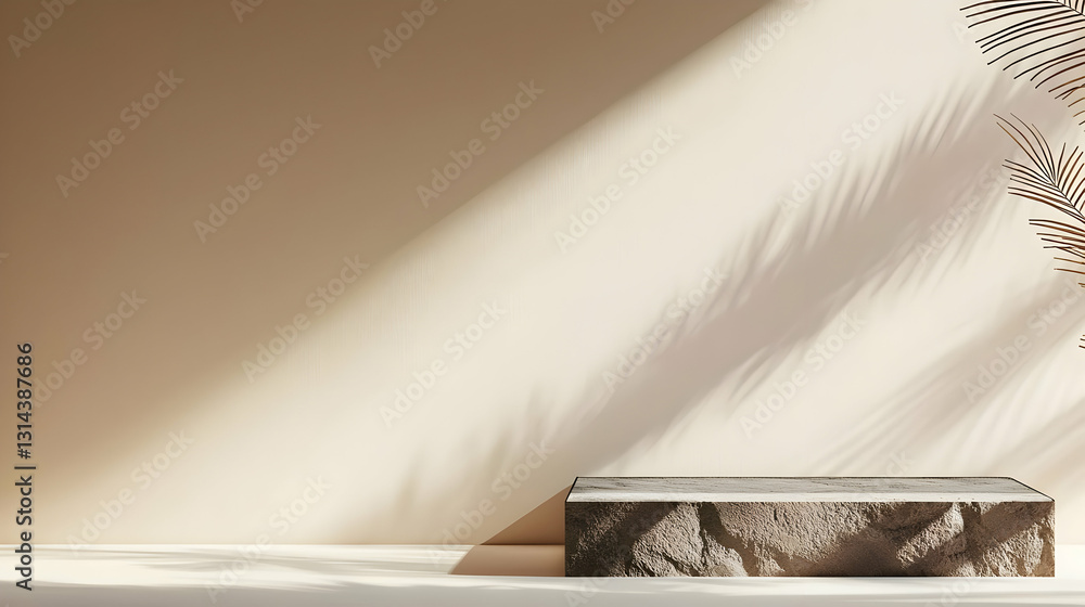 Poster empty stone podium on beige background with sunlight shadow and palm leaf decoration 3d rendering mi