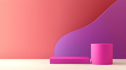 Pink And Purple Podiums On A White Floor Against A Coral And Purple Wavy Wall Background With Minimalist 3D Rendered Design