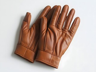 Neatly Placed Brown Leather Gloves on White Background