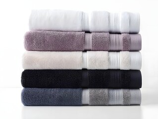 Neatly Stacked Soft Cotton Towels on Plain White Background