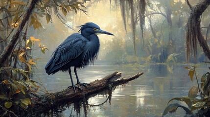 Blue Heron in Misty Swamp at Dawn (1)