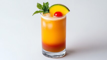 Fototapeta premium Refreshing Fruit Cocktail with Melon and Cherry Garnishes on White Background