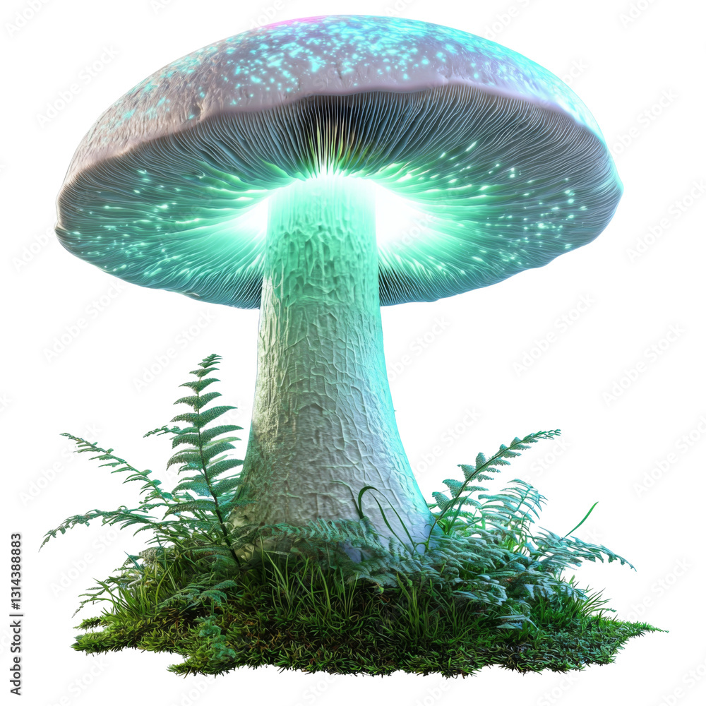 Aufkleber glowing mushroom with luminous cap and textured stem, surrounded by ferns and grass, creating magical atmosphere in forest setting