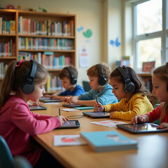 Es la biblioteca de una escuela primaria, los ni&ntilde;os estudian en almohadillas con los auriculares puestos, el ambiente es c&aacute;lido y tranquilo.
